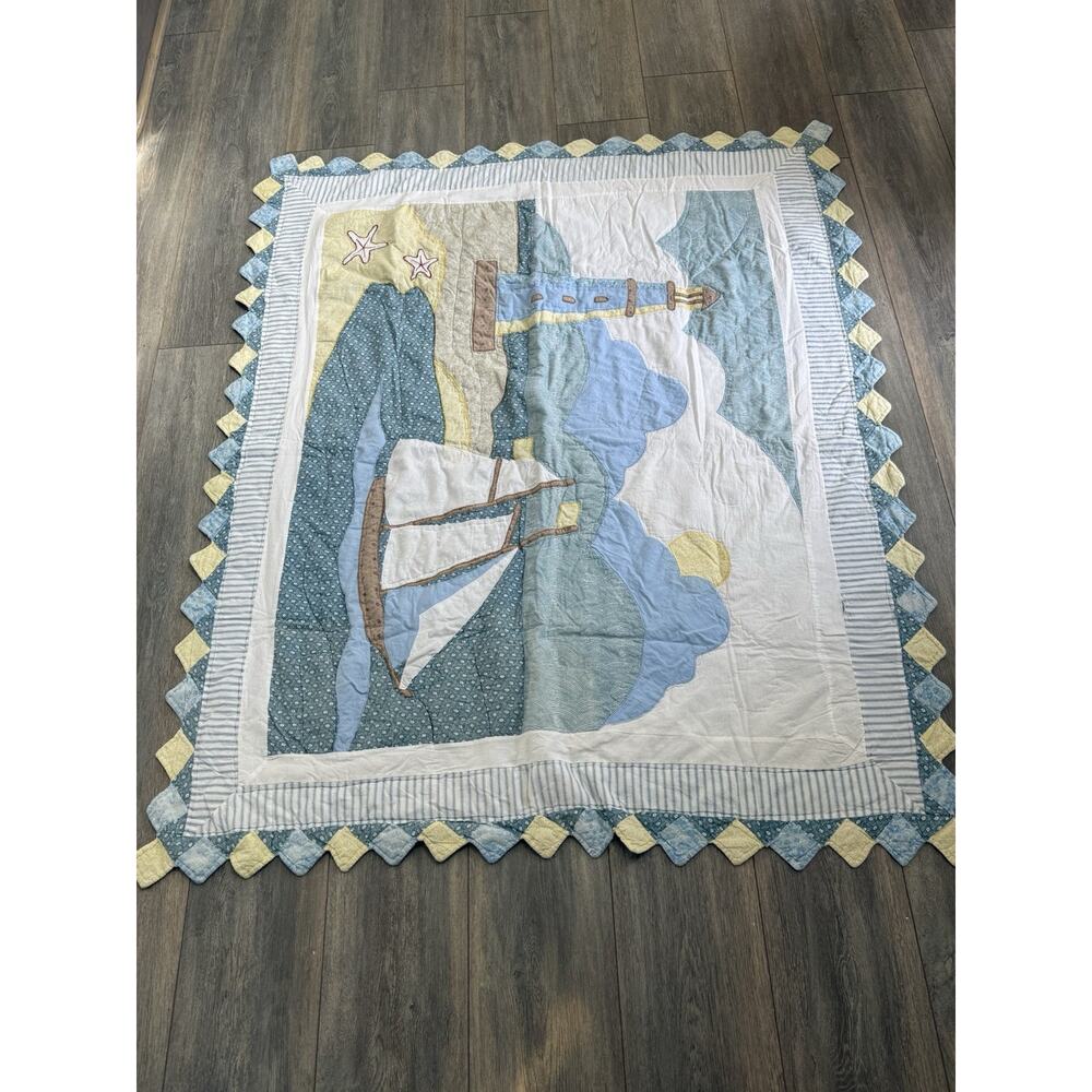 Cotton Coastal Quilted Baby Throw Blanket Yellow Blue 45” X 55” Beach Cottage - Picture 2 of 6